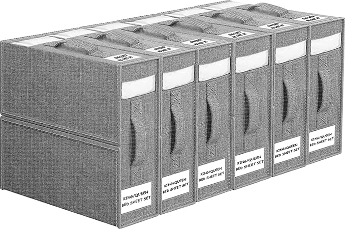 6 Pack Bed Sheet Organiser Folding Storage, Linen Bedding Organiser Box with Zip for Sheets, Duvet Covers, Clothes, Towels and Blankets (Grey)