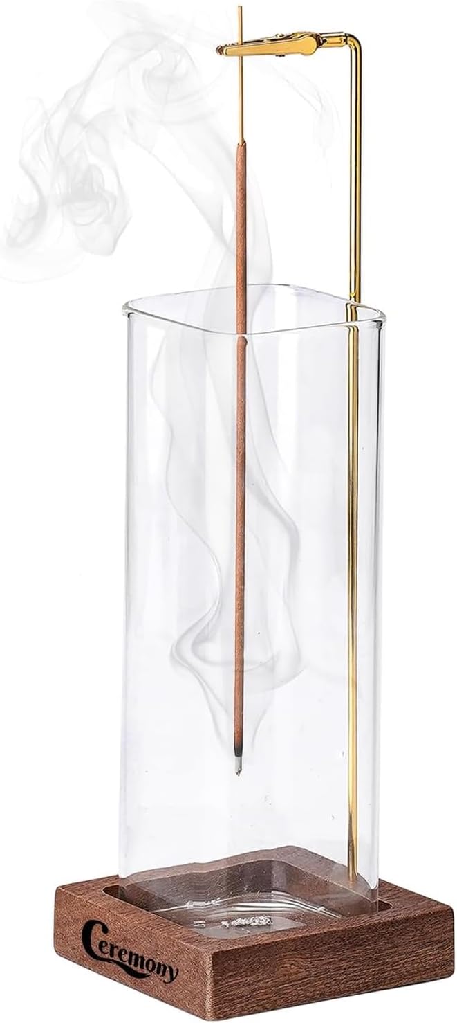 Ceremony Incense Holder, Wooden Incense Holder for Sticks with Glass Ash Catcher, Anti-ash Incense Burner Ash Brush for Meditation Yoga Spa Room Decor