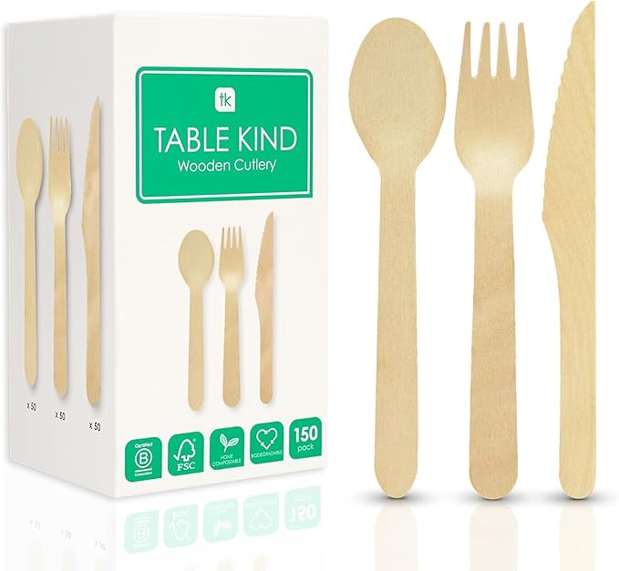 Table Kind 150 x Bulk Set Wooden Cutlery Biodegradable Knives, Forks, Spoons, 17cm Utensils, Birthday Parties, Camping, Picnics, BBQs, Weddings, Festivals Catering, Buffet, Home Compostable