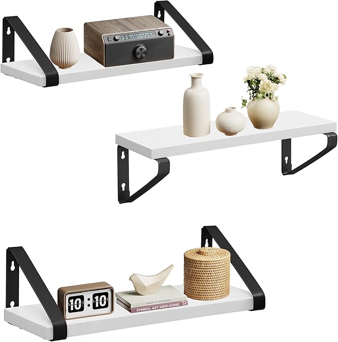 VASAGLE Wall Shelves, Floating Shelves Wall Mounted, Set of 3, 2 Mounting Ways, 30/35/40 cm, for Living Room, Bathroom, Kitchen, Cloud White and Matte Black LWS033B14
