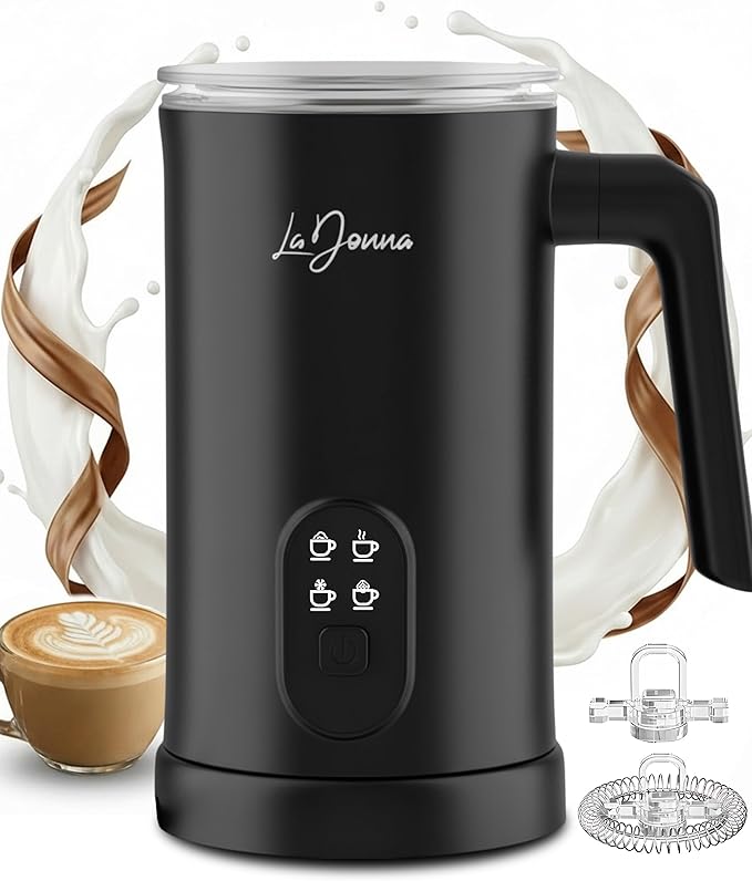 LaDonna Electric Milk Frother, 4-Function Milk Steamer with Hot Froth, Heat Milk, Cold Froth & Hot Chocolate Modes, Magnetic Foam Technology Coffee Frother for Latte & Cappuccino (Black)