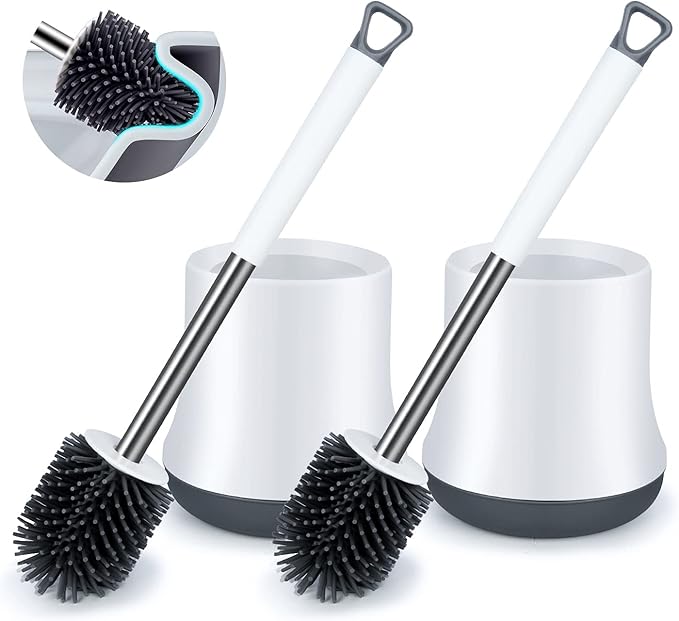 Silicone Toilet Brush and Holder Set 2 Pack, ENSPOWAY Bathroom Toilet Cleaner Brush Modern Design Deep Cleaning Rubber Toilet Bowl Brushes with Non-Slip Long Handle and Quick Drying Holder, White
