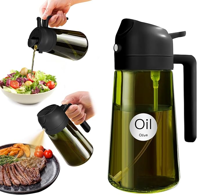 YARRAMATE 16oz/470ml Light-Blocking Dark Oil Sprayer for Cooking, 2-in-1 Olive Dispenser Bottle, Premium Green Glass, Food-Grade Mister for Air Fryer, BBQ, Kitchen Use (Black)