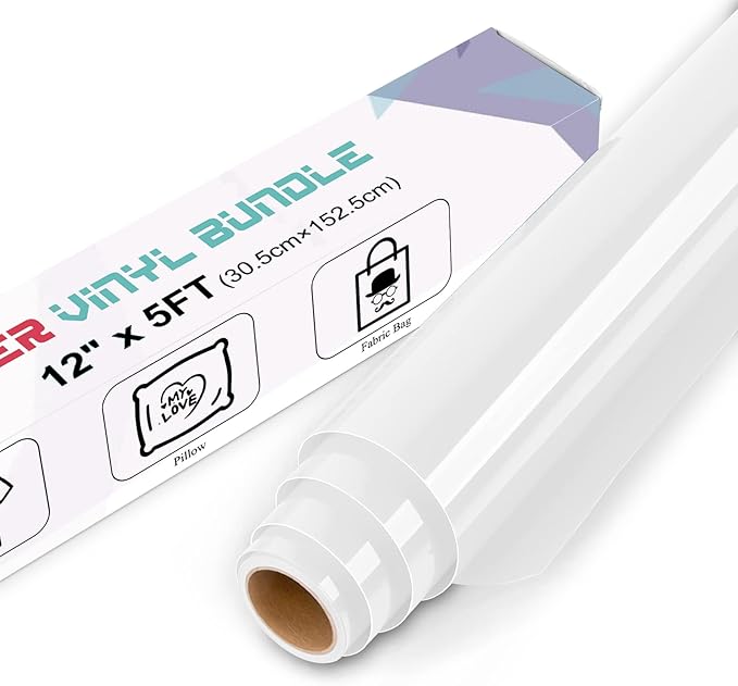 IModeur White Heat Transfer Vinyl — 30.5 x 152.5 cm(12'' x 5 Ft) Iron on Vinyl for Fabric, PET Backing White Vinyl for T-Shirts, Clothes, Hats, Bags and Other Textiles, HTV Vinyl Roll Easy to Weed