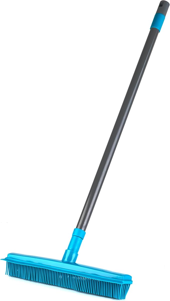 Beldray Pet Plus+ Rubber Broom with Squeegee – Sweeping Brush with Rubber Bristles, 2-in-1 Push Broom for Pet Hair, Telescopic Long Handle, Remove Dog and Cat Hair, Indoor/Outdoor Broom