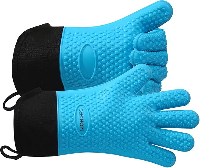 GEEKHOM Silicone BBQ Gloves X-Large, Heat Resistant Kitchen Oven Mitts, Waterproof Oven Gloves, BBQ Grill Accessories for Baking, Fryer, Smoker, Weber, Microwave, Non-Slip Oil Resistant, Blue