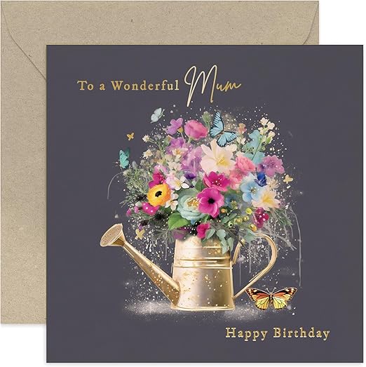 Female Happy Birthday Card for Mum - 'Wonderful Mum' Watering Can Birthday Card - Gold Foil Butterflies and Colourful Flowers - Birthday Gift for Her - Women Cards | Blank Inside