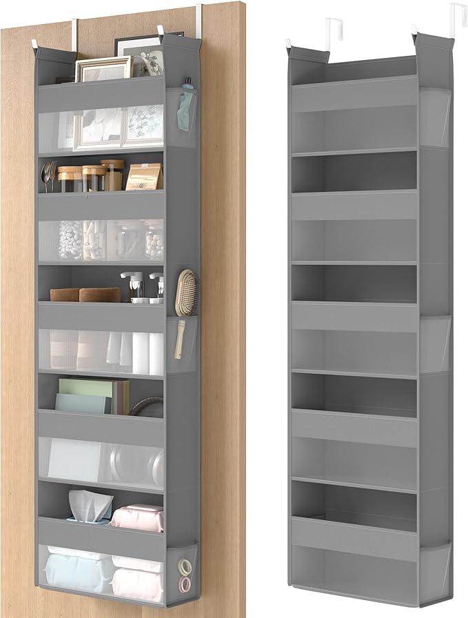SONGMICS Over the Door Organiser, Hanging Door Organiser with 5 Large Pockets, 5-Tier Fabric Storage, Transparent Nylon Mesh, Foldable, Metal Hooks, with Side Pouches, Dove Grey RDH007G01