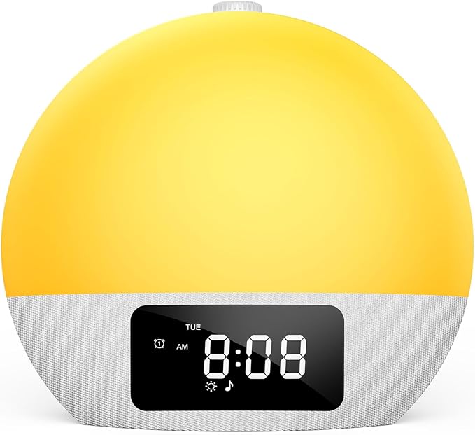Sunrise Alarm Clock, Wake-up Light, 9Min Snooze, Bedroom Night Lamp, 25 Soothing Sounds with 16 Volumes, Weekday/Weekend Dual Alarms, Child/Adult Sunset Alarm, Adjustable BT Party/Gathering Lamp