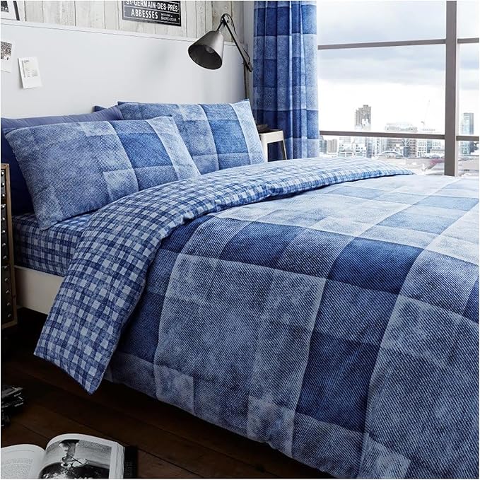 GC GAVENO CAVAILIA Polycotton Checked Duvet Cover Double (200cm x 200cm) - Quilt Bedding Set Double Bed with 2 Pillow Cases - Blue