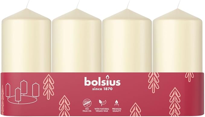 Bolsius Smooth Pillar Candles - Set of 4 - Ivory - 100x48 mm - Decorative Candles - Long Burning Time - Unscented - with Natural Plant Wax - Without Palm Oil