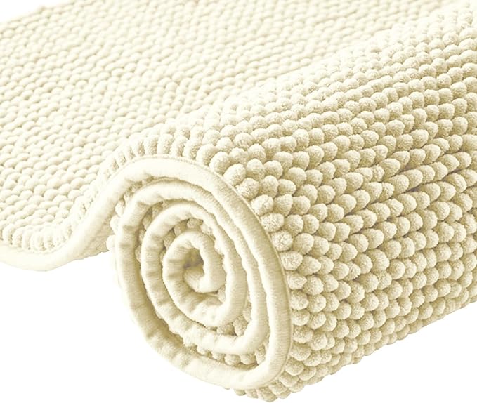 Moonlight Bedding Bath Mat Non Slip Anti Mould - Chenille Shower Mat Cream 40 x 60 cm Super Absorbent Bathroom Mat Machine Washable Extra Soft Fluffy Bathmat