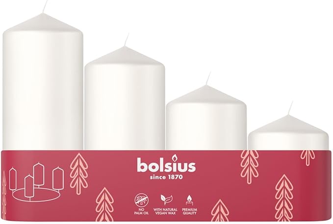 Bolsius Smooth Pillar Candles - Set of 4 - Advent - White - Various Sizes 12-10-8-6 cm - Decorative Candles - Long Burning Time - Unscented - with Natural Plant Wax - Without Palm Oil - Ø48mm