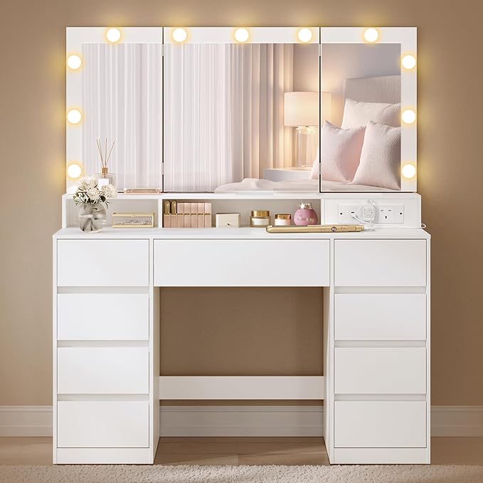 VASAGLE KAILYN Collection - Dressing Table with Tri-Fold Mirror, Vanity Table with 11 Bulbs, Power Outlets, 9 Drawers, 3 Colours, Tool-Free Drawer Slides Assembly, Cloud White RDT146WB02