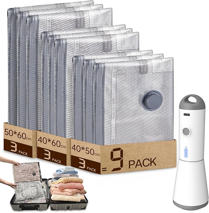 Vacuum Storage Bags, Wireless Electric Air Pump Space Saver Bags for Travel and Home, 9 Pack