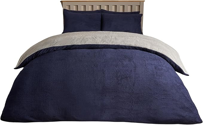 Brentfords Reversible Double Teddy Fleece Bedding Set, Fluffy Duvet Covers with Pillowcases Ultra Soft Thermal Winter Warm Teddy Bear Bedding Set - Navy/Grey, Double