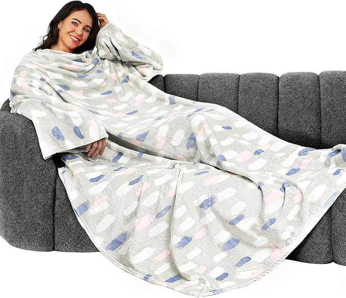 Winthome Blanket with Sleeves, Gift for Women Men Adult, Soft and Cozy Wearable Blanket with Elastic Cuffs, Hook and Loop Fastener (Printed Blue, 140x180cm)