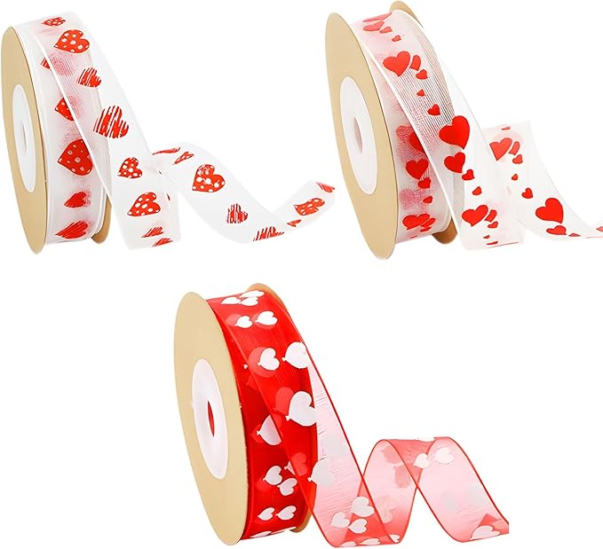 Valentines Day Decorations - 3 Rolls Valentines Ribbons for Gift Wrapping, 49 Feet Red Love Hearts Printed Ribbons, Valentine's Day Organza Ribbon for Engagement Wedding Gifts Wrapping Decorations