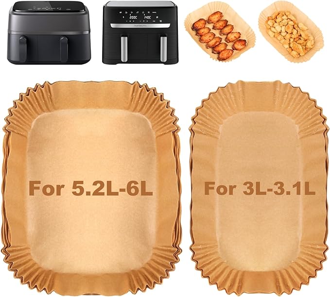 BYKITCHEN Air Fryer Liners for Tefal 5.2L & 3.1L Dual Air Fryer, Disposable Paper Liners, Airfryer Accessories for Tower/Lakeland/Salter and Other Large & Small 2 Drawer Basket Fryers (100PCS)