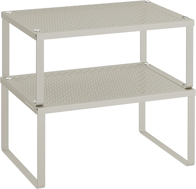 SONGMICS Spice Racks, Set of 2 Cupboard Organisers, Kitchen Storage, Stackable, Expandable, Metal Counter Shelves, Oatmeal Beige KCS001K01