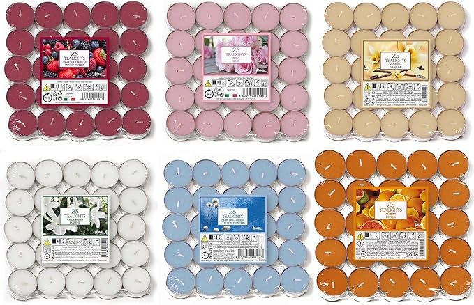 Price's Petali Brand 150 Tea Lights Candles Scented Tealights- 25 x 6 Scents Mixed Pack - Cotton Flowers, Mixed Berries, Citrus, Rose, Lavender & Cinnamon