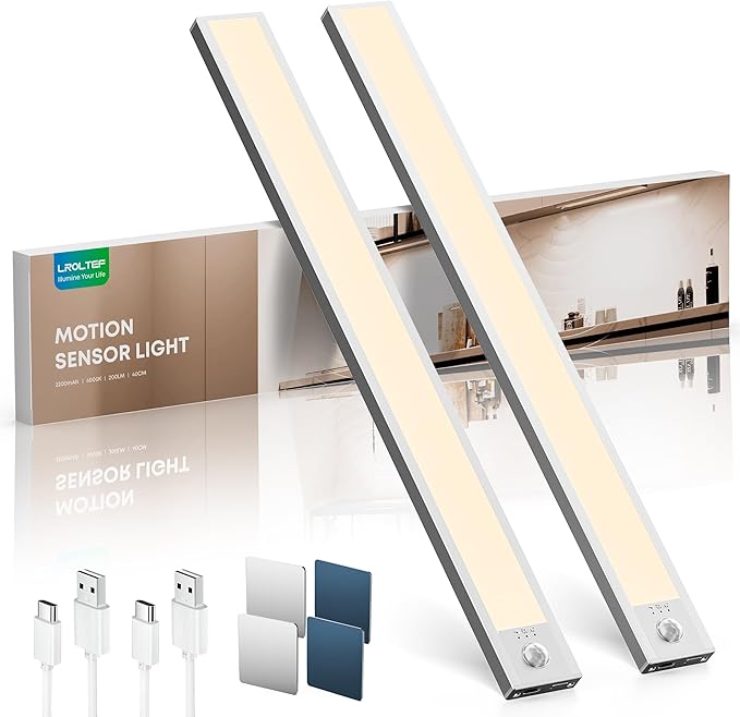 Under Cabinet Kitchen Lights Motion Sensor Dimmable 40cm 2200mAh 4000K LED Under Counter USB-C Rechargeable Wardrobe Sensor Indoor Night Lights for Kitchen Shelf Stairs Closet 2 Pack