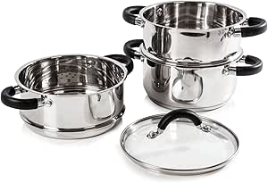 Tower T80836 3-Tier Steamer with Encapsulated Base and Tempered Glass Lid with Steam Release Vent, Induction Compatible, Stainless Steel, Silver