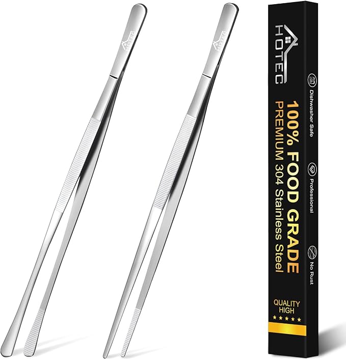 Hotec 12-Inch Stainless Steel Tongs, Multipurpose Tweezer Food Tongs Stainless Steel Steak Clip BBQ Long Tweezer Tongsg, Grilling and Baking, Cooking Tweezers Precision Serrated Tips, Set of 2