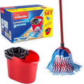 Vileda SuperMocio 3Action Mop and Bucket Set, Mop for Cleaning Floors, Set of 1x Mop and 1x Bucket, Red/Grey/Blue
