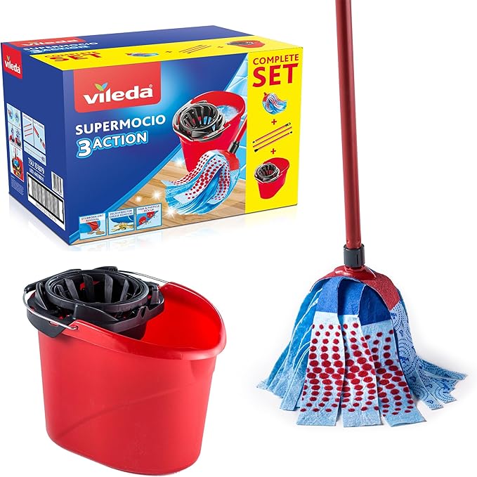 Vileda SuperMocio 3Action Mop and Bucket Set, Mop for Cleaning Floors, Set of 1x Mop and 1x Bucket, Red/Grey/Blue