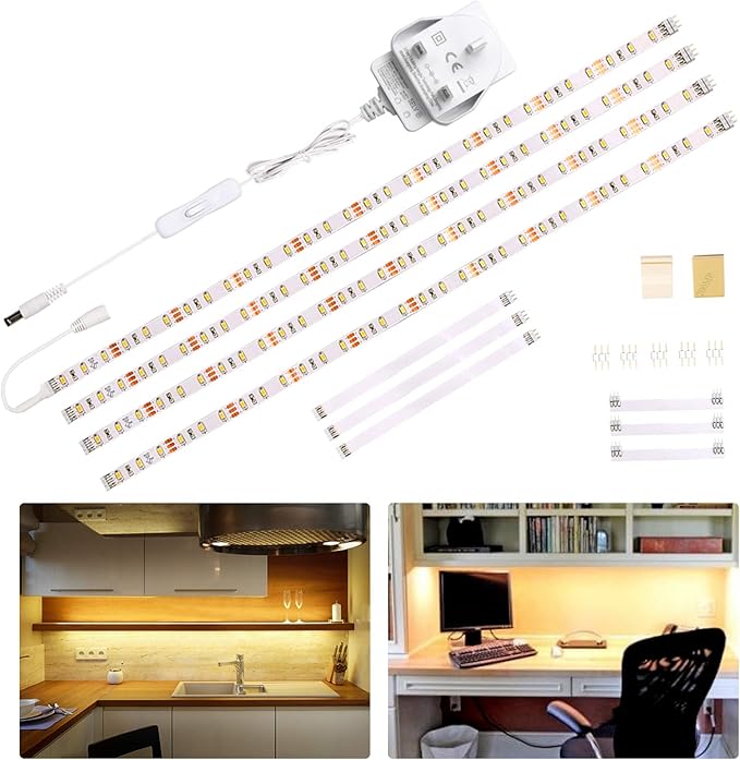 WOBANE Under Cabinet Lighting Kit,Flexible LED Strip Lights Bar,Under Counter Lights for Kitchen,Cupboard,Desk,Monitor Back,Shelf,4x50cm Tape Light Set,120 LEDs,1200lm,2700K WarmWhite,12v Adapter[Energy Class E]