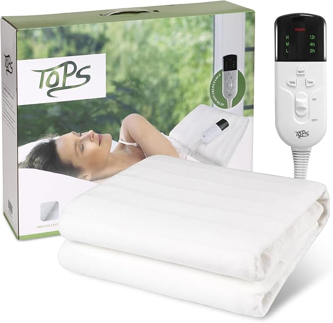 TOPS Electric Blanket Double Heated Underblanket 160 x 140cm, 3 Heat Settings, 3 Levels of Auto-off Timer, Overheat Protection, Machine Washable, Warm Polyester Bed Warmer