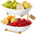 Lifewit Fruit Bowl, 2 Tier Fruit Holder for Kitchen Countertop, Plastic Food Basket with Metal Stand, Serving Tray for Food, Large Capacity Snack Cake Berry Storage Rack in Party, Gold