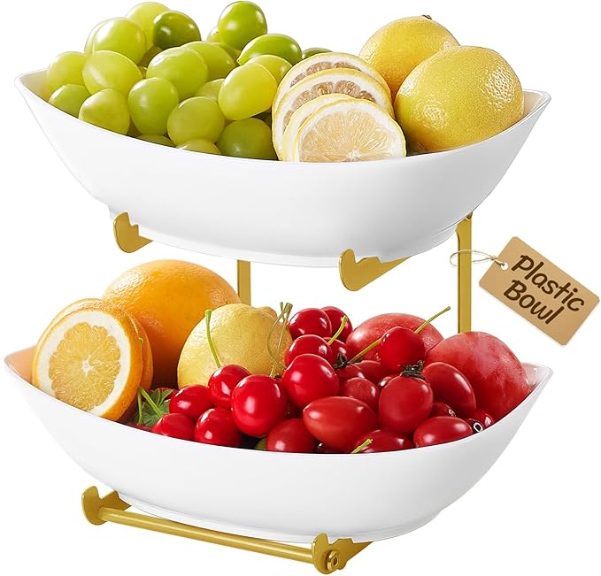 Lifewit Fruit Bowl, 2 Tier Fruit Holder for Kitchen Countertop, Plastic Food Basket with Metal Stand, Serving Tray for Food, Large Capacity Snack Cake Berry Storage Rack in Party, Gold