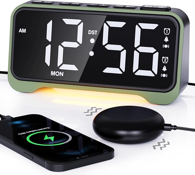 ROCAM Vibrating Alarm Clock for Heavy Sleepers with Powerful Bed Shaker, Loud Alarm Clock Bedsides for Deaf People, 5 Dimmer, 5 Volumes, Snooze, Power-Off Memory, 12/24H, Week Display, Night Light