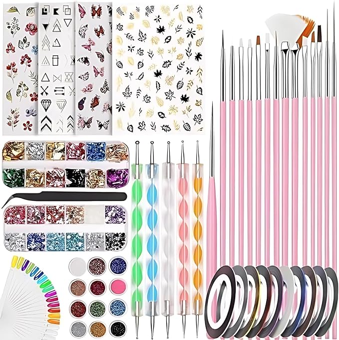Nail Art kit Accessories,121pcs, Nail Art Brushes, Tools, Nail Pen designing Dotting,Colourful Nail foil,Stripping Manicure Tape, Rhinestone,Nail Glitter Powder,Supplies In Nail Art Set,Practic Tips