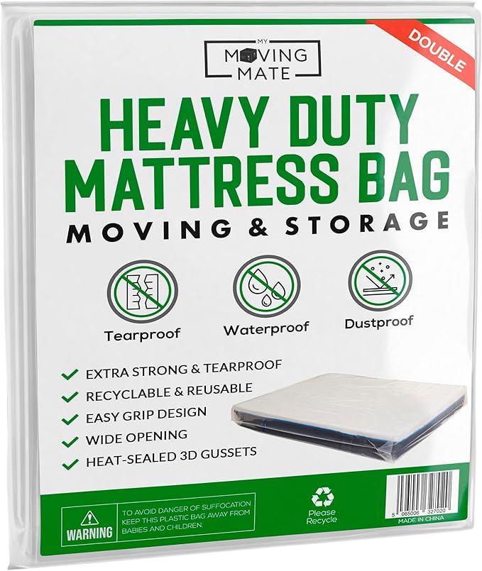 Double Mattress Bags For Moving & Storage - Heavy Duty Double Mattress Cover for Moving House & Self Store - Plastic Mattress Storage Bag Protector - Strong, Reusable, Tearproof - 4ft 6"