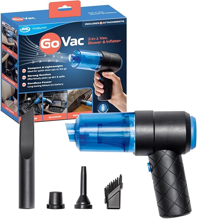 JML Go Vac Cordless Vacuum Cleaner - Portable, Rechargeable Device for Car, Home, Kitchen and Garage, Lightweight, Compact Handheld with 2-in-1 Suction and Blower Function