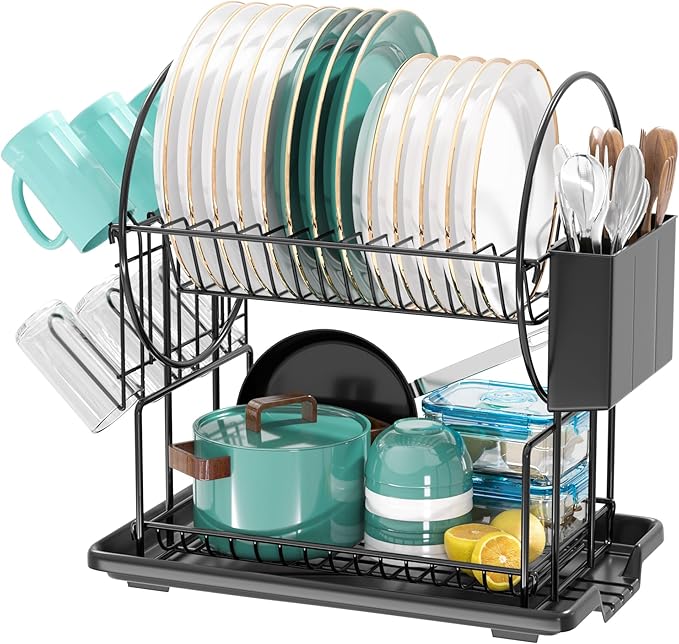 niffgaff 2-Tier Black Dish Drying Rack for Kitchen Countertop - Stainless Steel Dish Drainer with Drip Tray, Draining Board & Utensil Holder & cup holder for Small Spaces