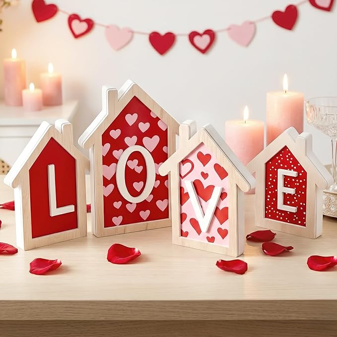 Valentines Day Decorations, 4 Pcs Valentine Decor 3D Wood House Shape Signs, Red and Pink Wooden Valentines Decorations Indoor for Home, Table, Tiered Tray, Mantel, Office, Shelf