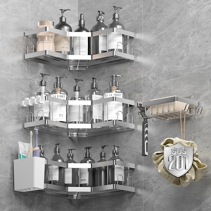 AceMining Shower Caddy, 5 Pack Silver Bathroom Shelves, Adhesive Shelf Storage No Drilling, 201 Stainless Steel Shower Organiser, Rust-Resistant Caddy Corner, Soap Holder, Bathroom Accessory
