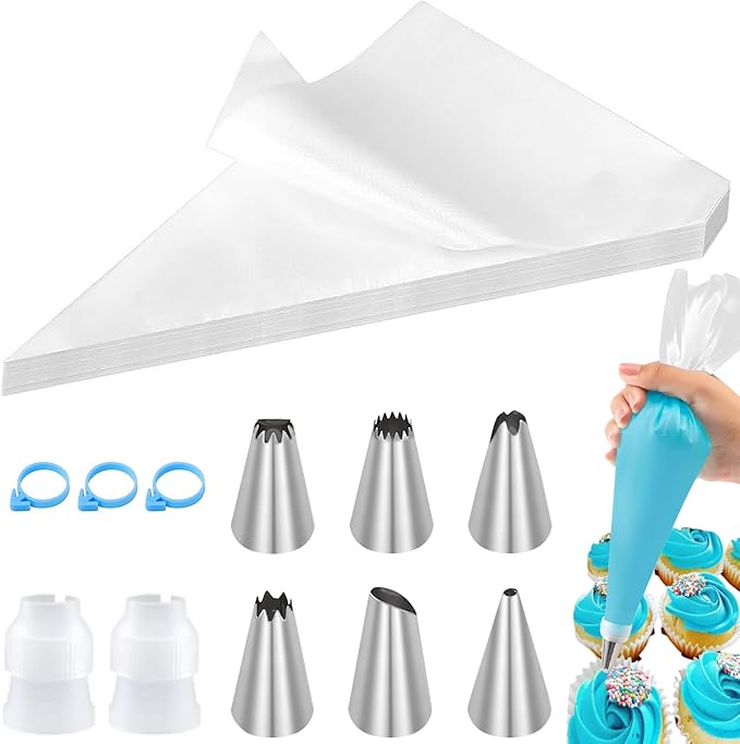 100Pcs Piping Bags and Nozzles Sets, Icing Bags and Nozzles Sets, 6 Nozzles, 2 Couplers, 3 Bag Ties, Large Icing Bags Disposable, Pastry Bags for Cake Cupcake Dessert Cookies Decoration