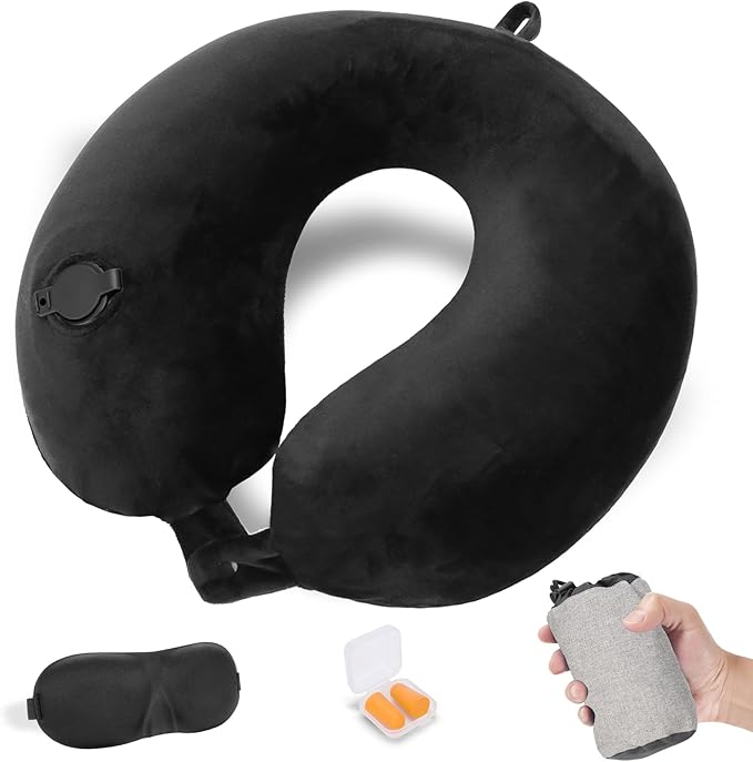 Inflatable Travel Pillow, Blow up Neck Pillow for Travel, Compact Travel Neck Pillows for Adults, Lightweight Inflatable Travel Pillow for Airplane with Eye Mask and Earplugs, Black