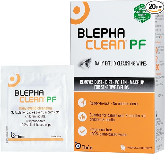 Blephaclean PF Daily Eyelid Wipes - Gentle Cleansing for the eyelids and skin around the eyes | Suitable for Babies (over 3 months old), children & adults | 20 Sterile Plastic-Free Wipes