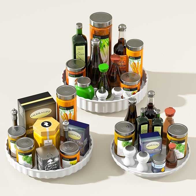 Lazy Susan Turntable, 3 Pack Lazy Susan, Lazy Susan Cupboard Organiser, Rotating Spice Rack for Inside Cupboard Non-Slip Fridge Lazy Susan Turntable (White)