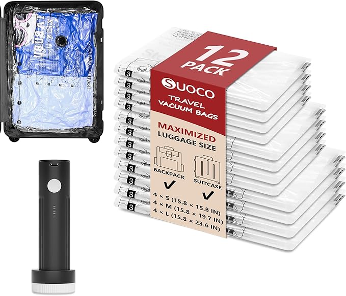 Vacuum Seal Bags for Travel with Rechargeable Pump, 12 Pack Carry on Compression Packing Bags for Luggage, Backpack and Suitcase, Space Saver Storage Organizer for Clothing Clothes