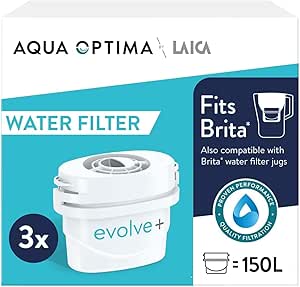 Aqua Optima Evolve+ Water Filter Cartridges 3 Pack - Fits Brita Jugs & Alternative for Maxtra Filters* - Reduces Limescale, Chlorine and Other Impurities - by LAICA (Packaging May Vary)