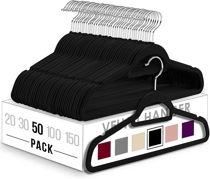 Utopia Home Pack of 50 Velvet Suit Hangers with Tie Bar - Heavy Duty Non-Slip Premium Hangers for Adult Clothes - 360 Degree Swivel Hook, Black