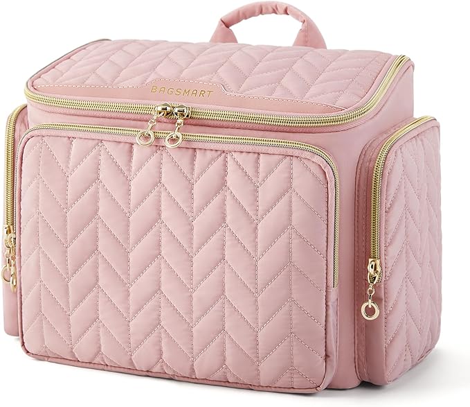 BAGSMART Travel Toiletry Bag, Large Wide-Open Travel Bag for Toiletries, Makeup Cosmetic Travel Bag with Handle, Pink