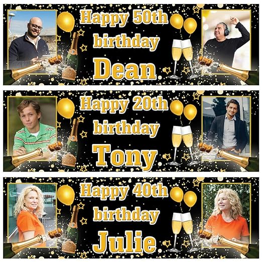 2 personalised birthday banner photo gold champagne stars balloon party poster decoration 18th 21st 30th 40th 50th 60th 70th